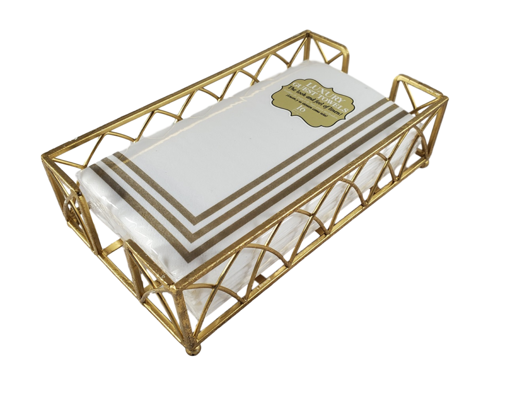 Gold Guest Towel Napkin Holder Caddy and Premium Quality Everyday Bathroom Guest Towels Bundle